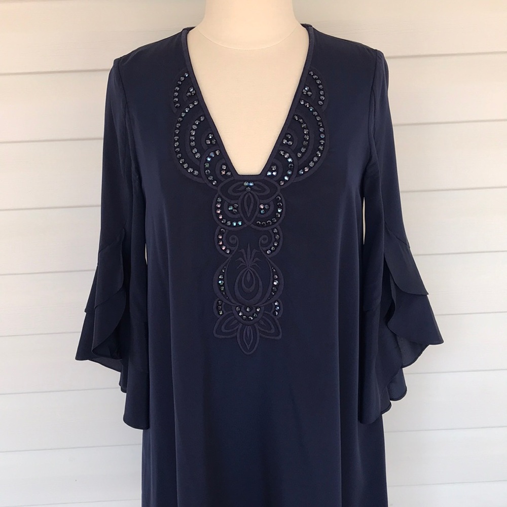 Lilly Pulitzer blue silk bell sleeve sequin dress